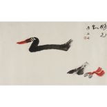 HUANG YONGYU    (b.1924) Duck At Spring River ink and colour on paper, mounted, signed HUANG YONGYU,