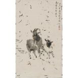 LIANG YOUMING    (b.1906) Goats ink on paper, hanging scroll, signed YOU MING, with a dedication and