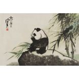 CHEN PEIQIU    (b.1923) Panda and Bamboo ink and colour on paper, hanging scroll, signed JIAN BI,