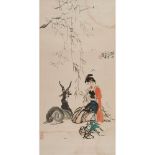 SHI DAWEI    (b.1950) Lady And Goat ink and colour on paper, hanging scroll, signed DAWEI, dated