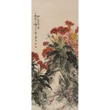 HUANG HUANWU    (1906-1985) Blossoming Red Flowers ink and colour on paper, hanging scroll, signed
