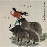 LIU JIRONG    (b.1931) Girl And Buffalo ink and colour on paper, mounted, signed JI RONG, dated