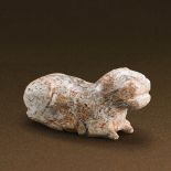 HAN DYNASTY (206 BC-AD 220) A JADE CARVING OF TIGER  L 5.9 cm. (2 3/8 in.) 漢 玉臥虎 玉卧虎，玉料呈青白色，帶朱砂沁斑，