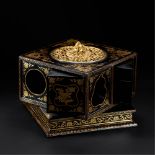 QING DYNASTY (1644-1911) A GILT-DECORATED LACQUER THREE RAMS BOX L 20 cm. (7 7/8 in.) 清 黑漆描金花卉銅鎏金「