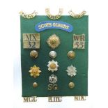 Selection of Various Badges including silvered and gilt Scots Guards ... WW2 plastic economy Scots