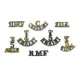 Good Selection of Brass Shoulder Titles including T5 York ... T4 Oxf & Bucks with bugle ... C