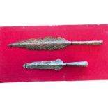 Two Saxon Period Spear Heads consisting 10 1/2 inch example double edged blade with slight