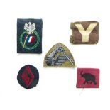 Selection of Formation Badges including printed 5th Inf Div.  Rear fitted shoulder loops ...