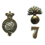 Small Selection of Royal Fusiliers Cap Badges consisting brass flaming grenade over separate “7” ...