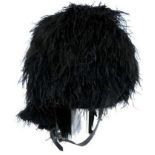 Scots Guards Piper’s Feather Bonnet black feather bonnet with four side tails.  Lower red, white and