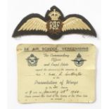 WW2 Pilots Wings & South African Air Force 22 Air School Card 1944. A good pair of WW2 period flat