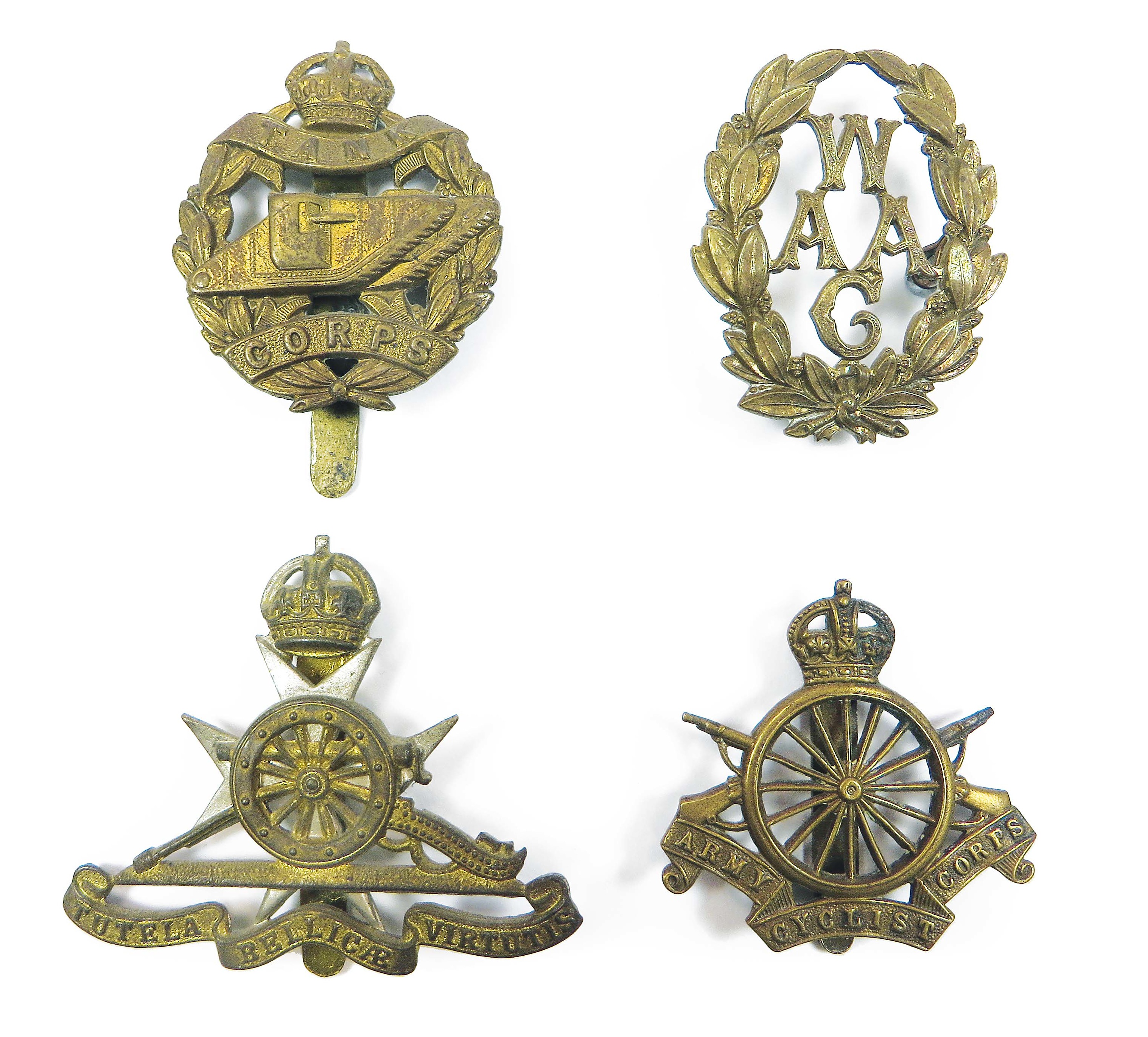 Selection of Corps Cap Badges including brass WAAC by Gaunt ... KC brass Tank Corps ... KC brass