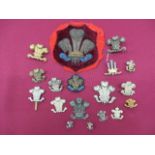 Selection of Prince of Wales Plume Badges including large bullion embroidery example on red velvet