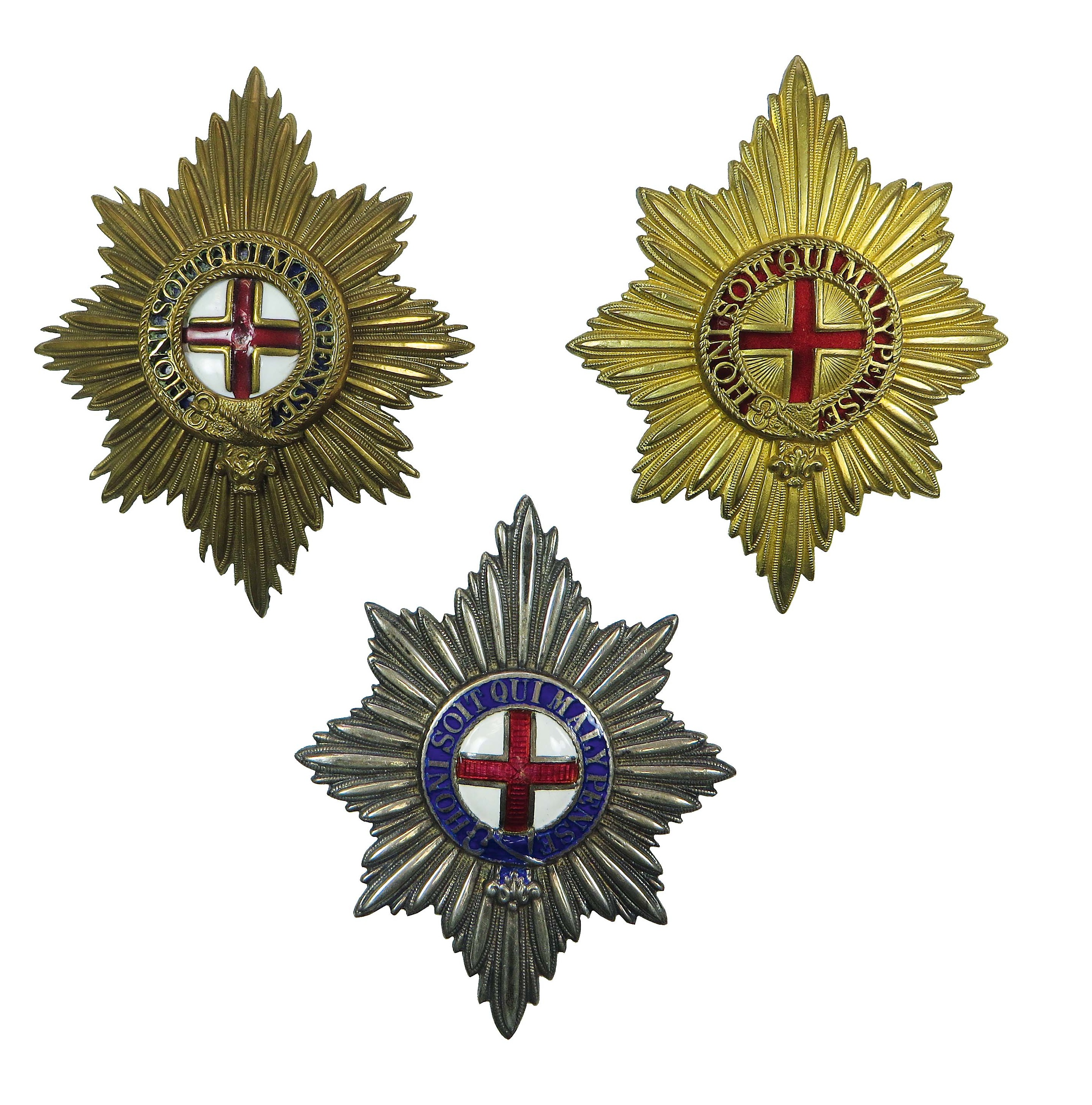 Three Coldstream Guards Pouch Badges consisting gilt and enamel example.  Two rear lugs ... Gilt