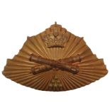 Mid 19th Century Spanish Artillery Helmet Plate gilt Lancer style sunray plate.  Overlaid gilt crown