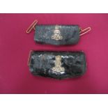 Two Edwardian Officer Pouches consisting black leather patent leather shoulder pouch.  The front