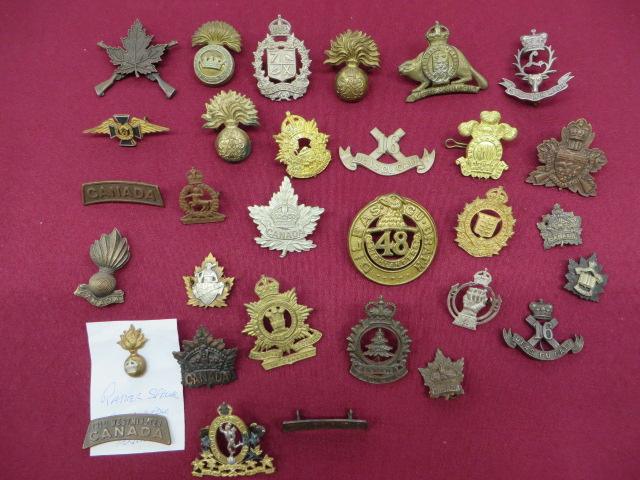 Selection of Canadian Cap Badges including KC silvered 7/XI Hussars ... KC brass Royal Regiment of