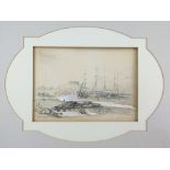 A. C. Robin (Guernsey, early 20th century) 'St. Sampsons Harbour, 1800' pencil sketch, heightened