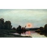 Jacques-Henri Delpy (French, 1877-1957) Figures by a river at sunset oil on panel, signed lower