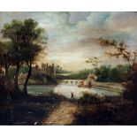 English School (early 19th century) Fisherman beside the castle pond oil on canvas 19¾ x 23¼in. (