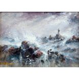 Sarah Louisa Kilpack (British, 1839-1909) Corbiere lighthouse, Jersey in stormy seas oil on card,