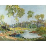 Australian School (mid-20th century) Landscape with lake and gum trees, oil on canvas 21 x 27¼in. (