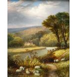 Follower of Alfred Augustus Glendening (British, 1840-1910) Flock of sheep by the riverside oil on