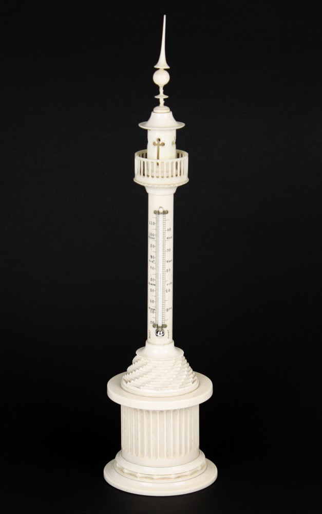 A 19th century carved ivory tower thermometer Continental, with tall spire finial, railed top and