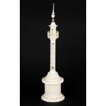 A 19th century carved ivory tower thermometer Continental, with tall spire finial, railed top and
