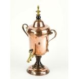 A mid 19th century copper samovar urn form body with scroll handles, domed cover with ebony and