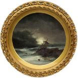 Sarah Louisa Kilpack (British, 1839-1909) 'Stormy Moonlit Shipwreck' circular oil on card, signed