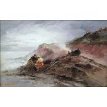 Sarah Louisa Kilpack (British, 1839-1909) Shrimpers on the rocks, Jersey oil on card, signed lower