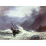 Sarah Louisa Kilpack (British, 1839-1909) Fishing boat in rough seas off a rocky coast oil on