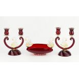 A three piece Murano ruby glass table garniture, comprising fruit bowl of rectangular form with