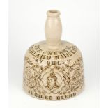 A Queen Victoria Jubilee mallet shaped whisky jug, Sepia print with central portrait of Queen