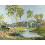 Australian School (mid-20th century), Landscape with a lake and gum trees