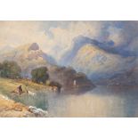 English School (second half 19th century), Figures beside a highland lake