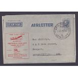 Australia : 1946 9th April, GVI 7d Air Letter, overprinted in red for the first flight of the re-