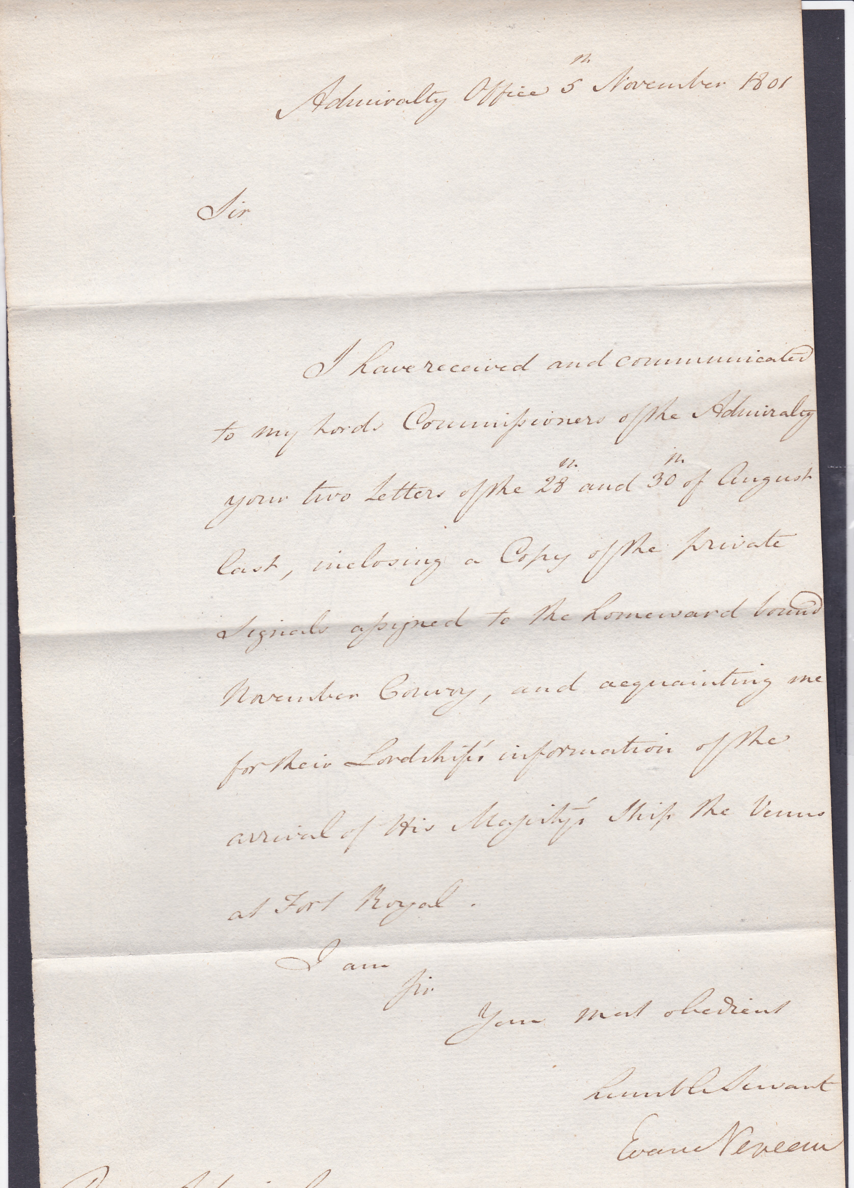 LEEWARD ISLANDS, 1801 letter from Admira