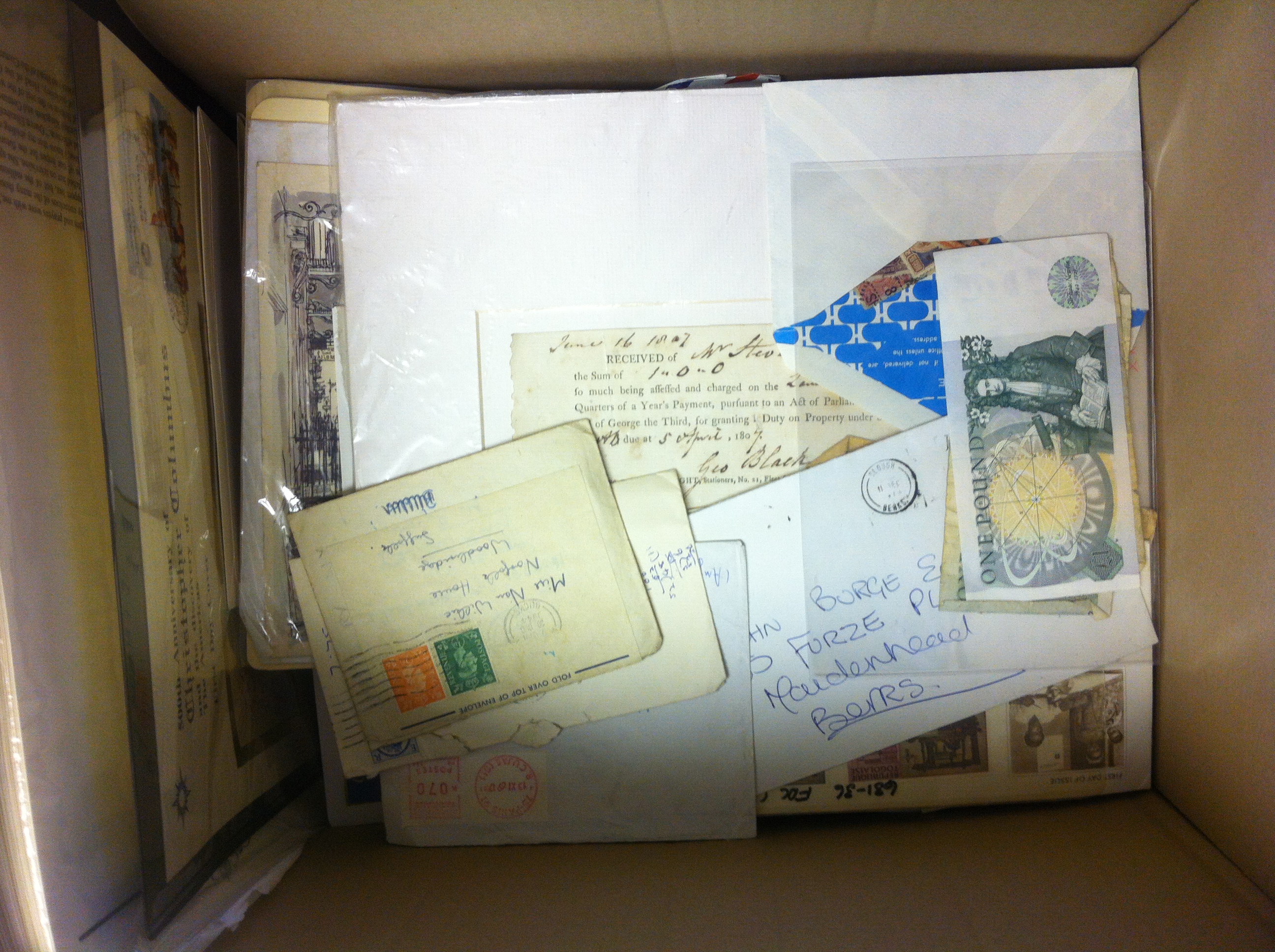 Glory box of covers, stamps, coins etc,