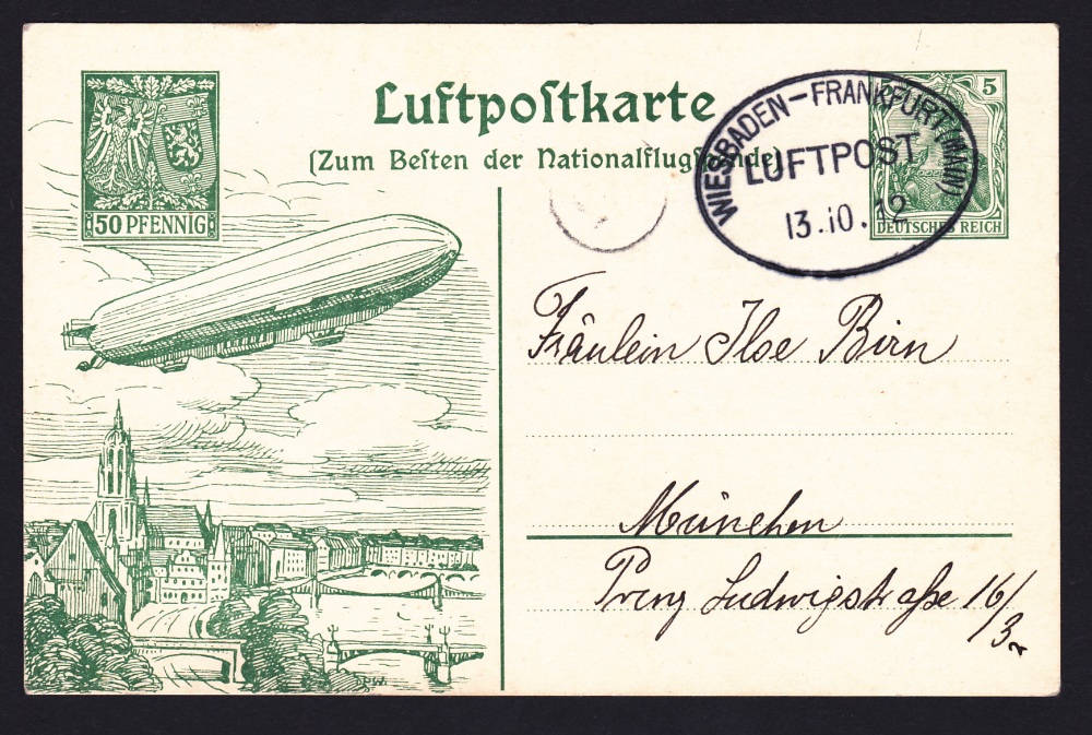 1912 LZ11 Viktioria Luise Wiesbaden to Frankfurt flight (S 16). Special 5pf Germania postal
