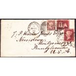 1877 CANTERBURY KENT to USA, small envelope with two penny reds (plate 175) plus 1/2d bantam (