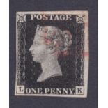 STAMPS : 1840 Penny Black, intense black shade (LK). Just four margins with a faint orange-red MX,