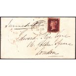 1857 LEAMINGTON spoon cancel on small envelope. Stamp damaged but a scarce cancel. 18th March 1858