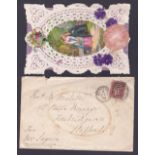 Valentines : 1872 printed colour card adorned with pressed flowers, unusually with its original