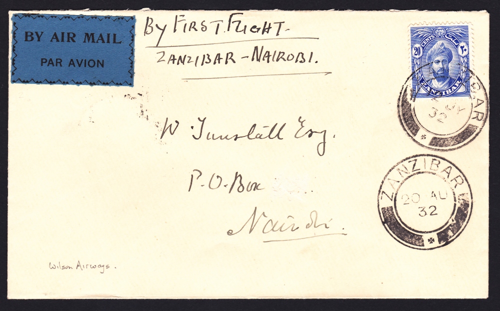 ZANZIBAR, 1932 20th Aug, cover flown from Zanzibar to Nairobi by Wilson Airways. Has blue airmail