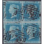 STAMPS : 1841 Two Penny Blue , excellent block of 4 (KB-LC), four large margins cancelled by 820