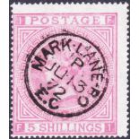 STAMPS : 1867 5/- rose plate 1, Superb used example, cancelled by Mark Lane CDS dated 13th June