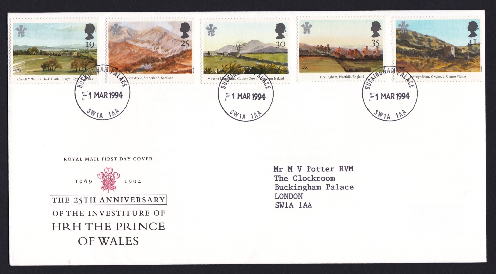 1994 25th Anniv of Investitture of Prince of Wales, Buckingham Palace cds on typed address Post