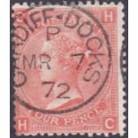 STAMPS : 1870 4d Vermilion plate 12 (HC). Very fine used example cancelled by upright Cardiff CDS.